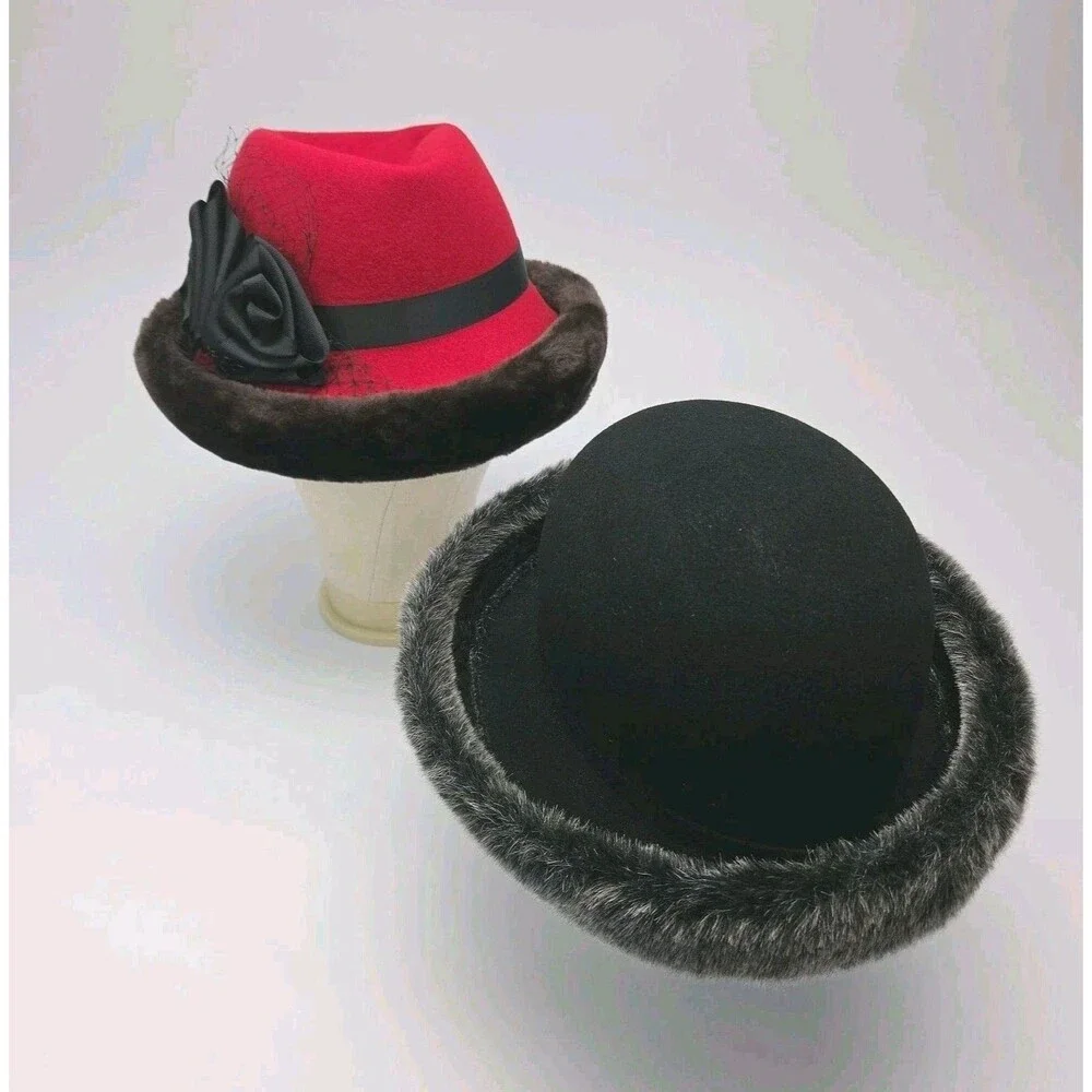 Betmar New York Hat 100% Wool Red Black Flower One Size Women Winter Lot of TWO